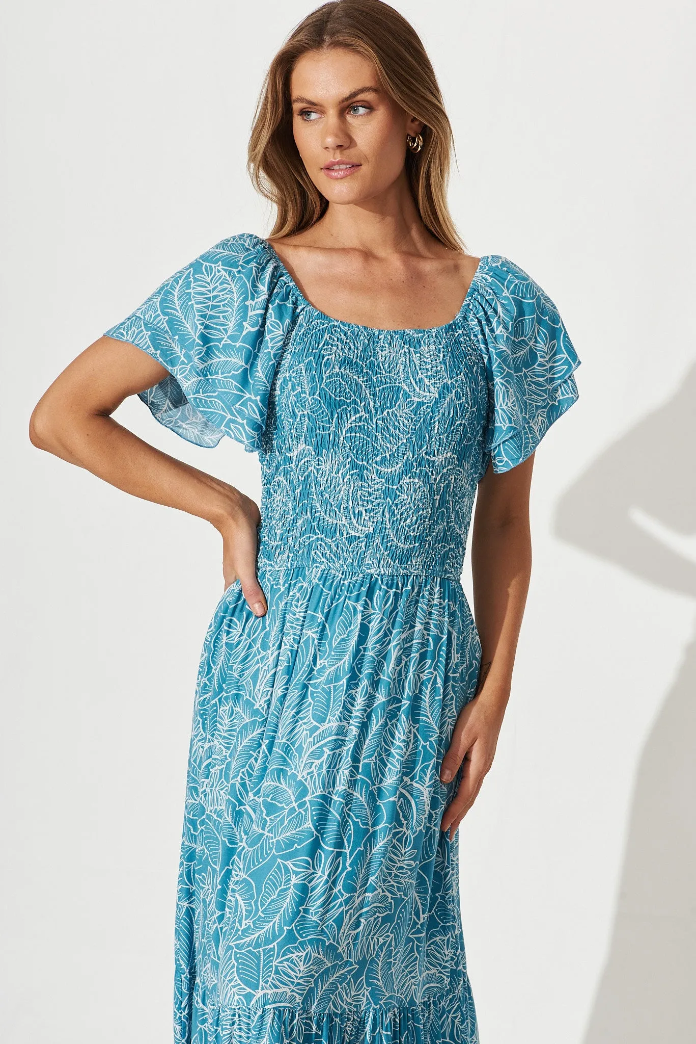 Demi Maxi Dress In Blue With White Leaf Print sold by St Frock product image thumbnail 3