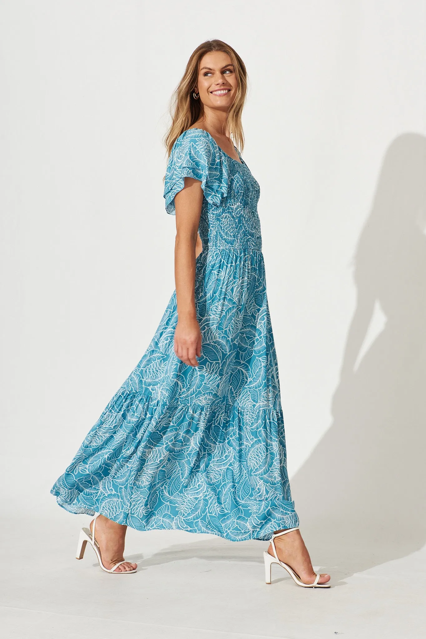 Demi Maxi Dress In Blue With White Leaf Print sold by St Frock