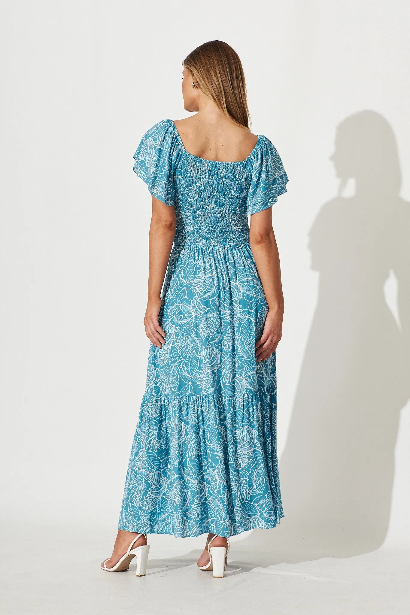 Demi Maxi Dress In Blue With White Leaf Print sold by St Frock product image thumbnail 4