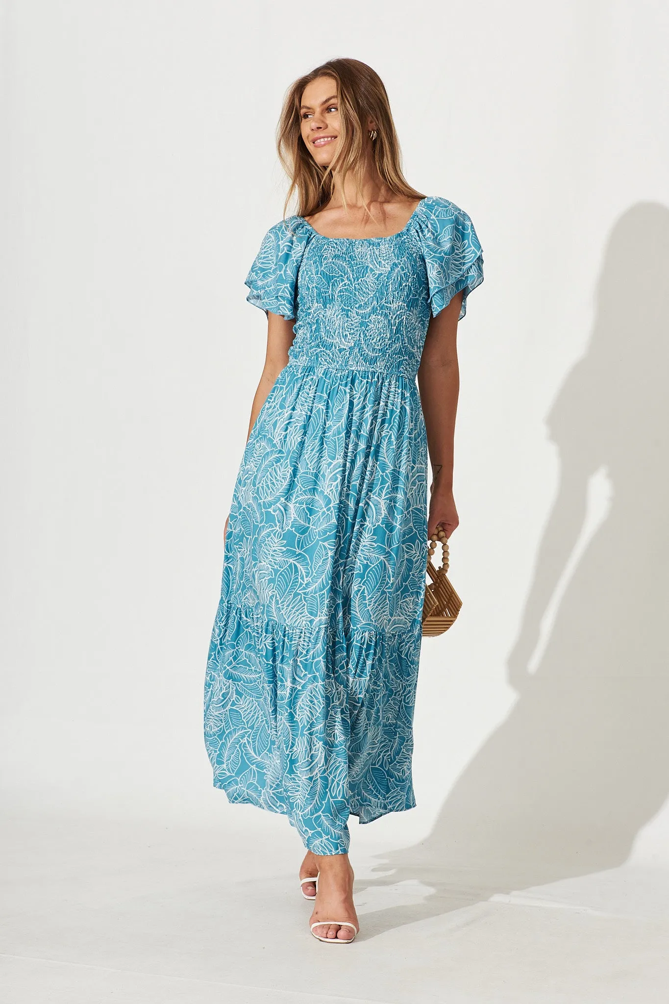 Demi Maxi Dress In Blue With White Leaf Print sold by St Frock product image thumbnail 2