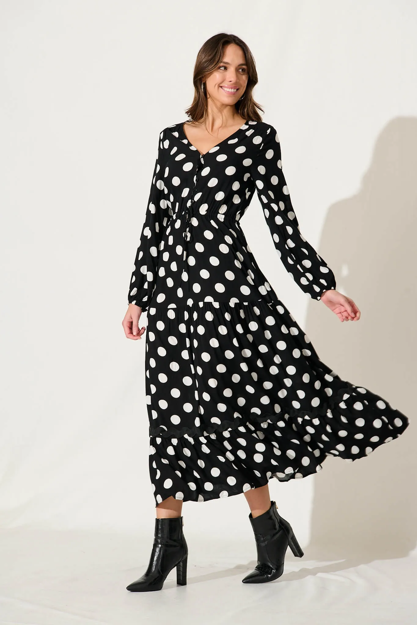 Elia Maxi Dress In Black With White Polka Dot Ric Rac sold by St Frock product image thumbnail 3