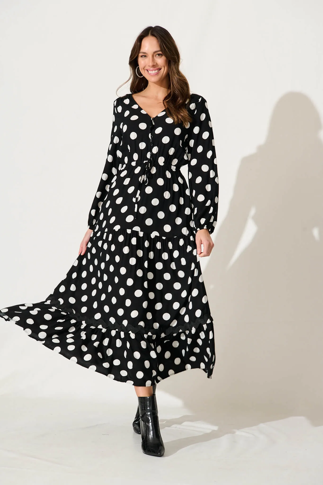 Elia Maxi Dress In Black With White Polka Dot Ric Rac sold by St Frock