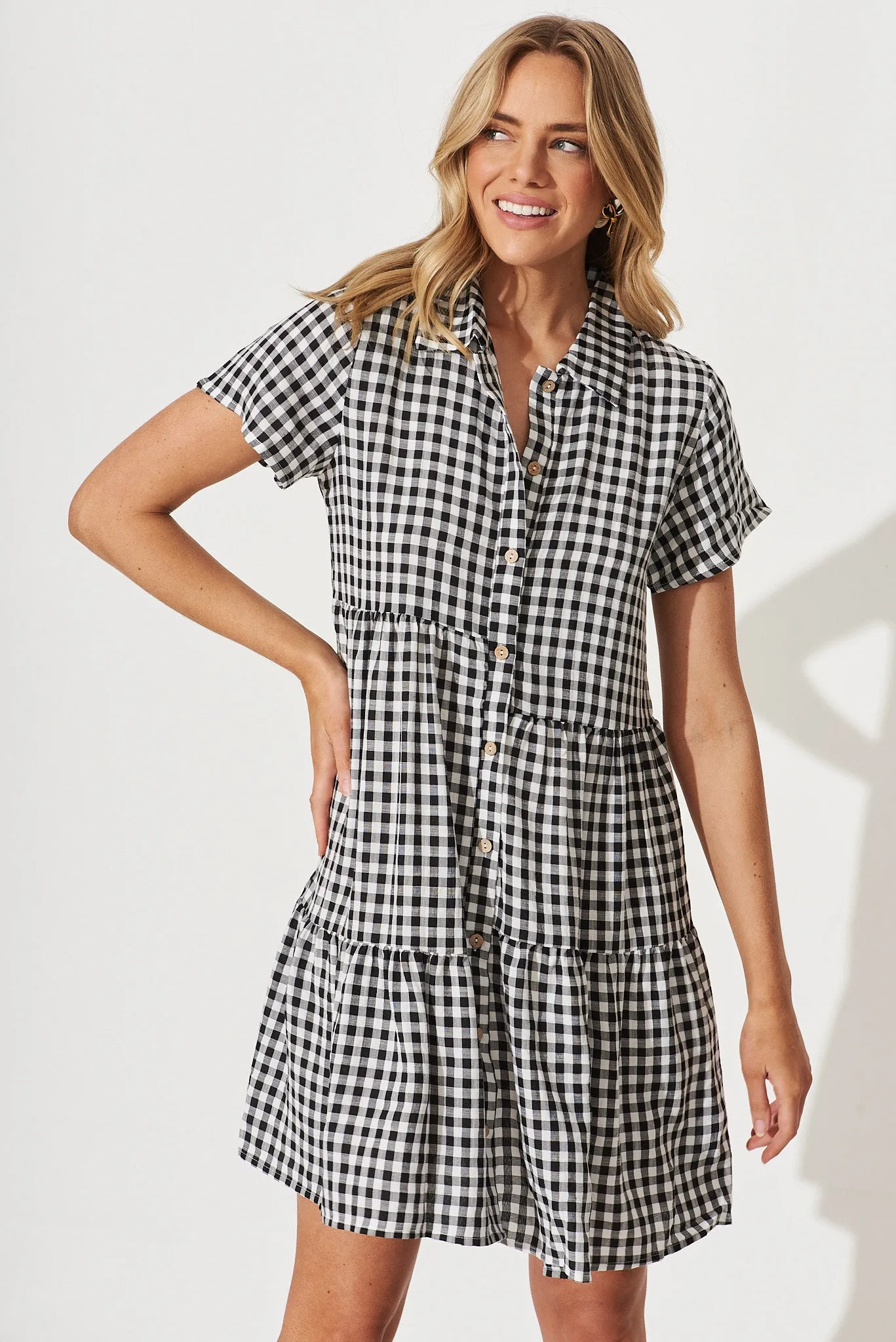 Colette Shirt Dress In Black And White Gingham Cotton Blend sold by St Frock product image thumbnail 2