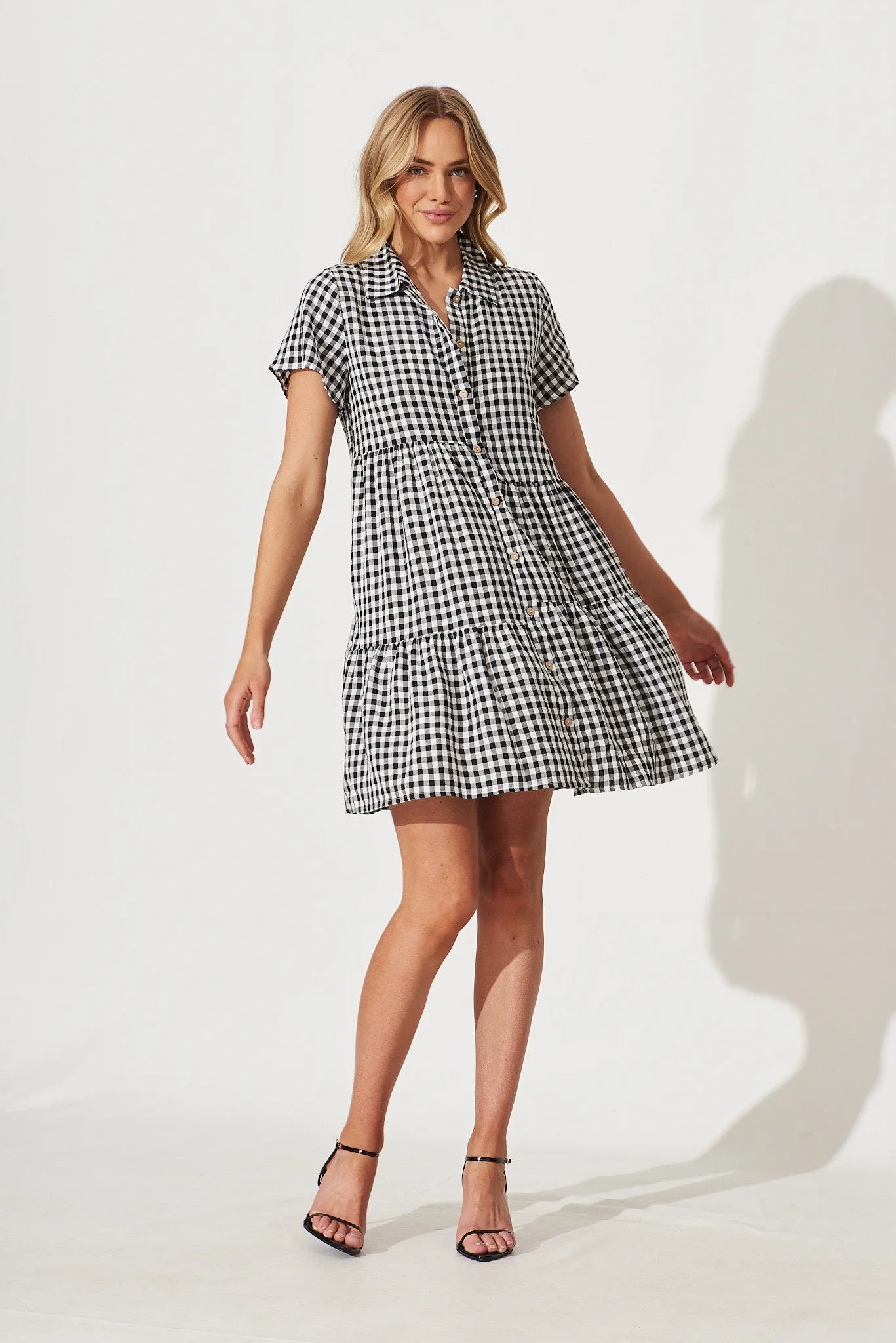 Colette Shirt Dress In Black And White Gingham Cotton Blend sold by St Frock