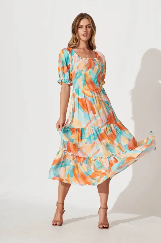 Hotel California Midi Dress In Orange And Blue Watercolour sold by St Frock