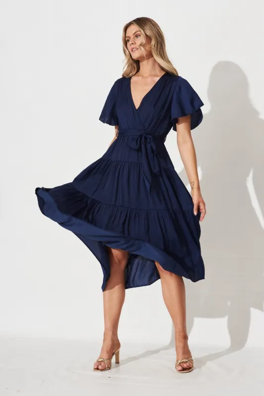 Jasmine Maxi Dress In Navy Satin sold by St Frock