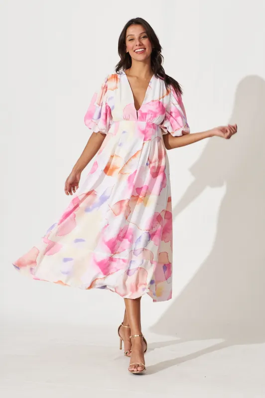 Daydreamer Midi Dress In White With Pink Multi Watercolour Print sold by St Frock