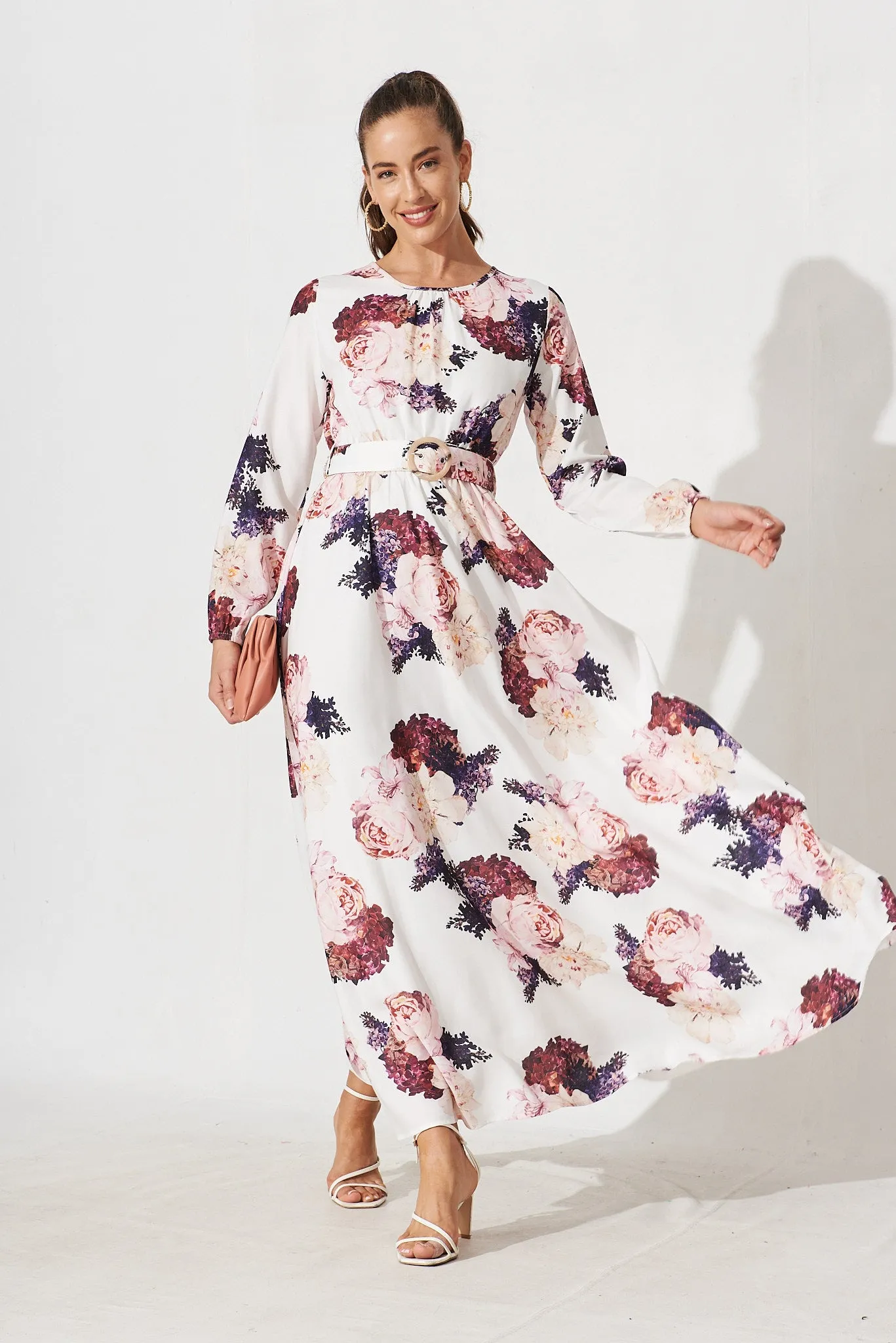 Rana Maxi Dress In White With Purple Floral sold by St Frock