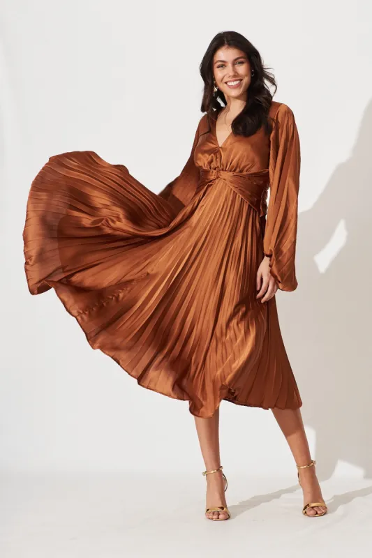 Florice Midi Dress In Pleated Bronze Satin sold by St Frock