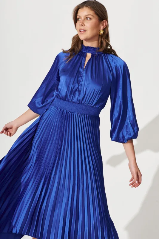 Nala Midi Dress In Cobalt Pleated Satin sold by St Frock