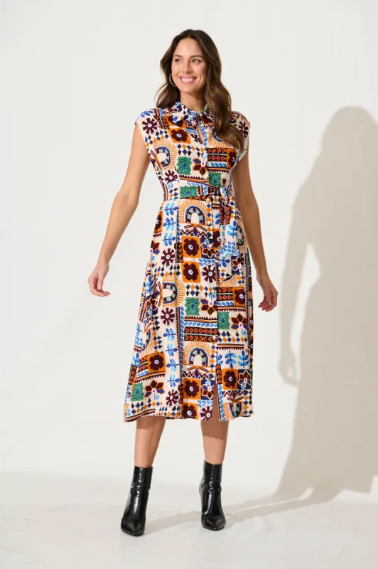 Cecilla Midi Shirt Dress In Multi Print Linen Blend sold by St Frock
