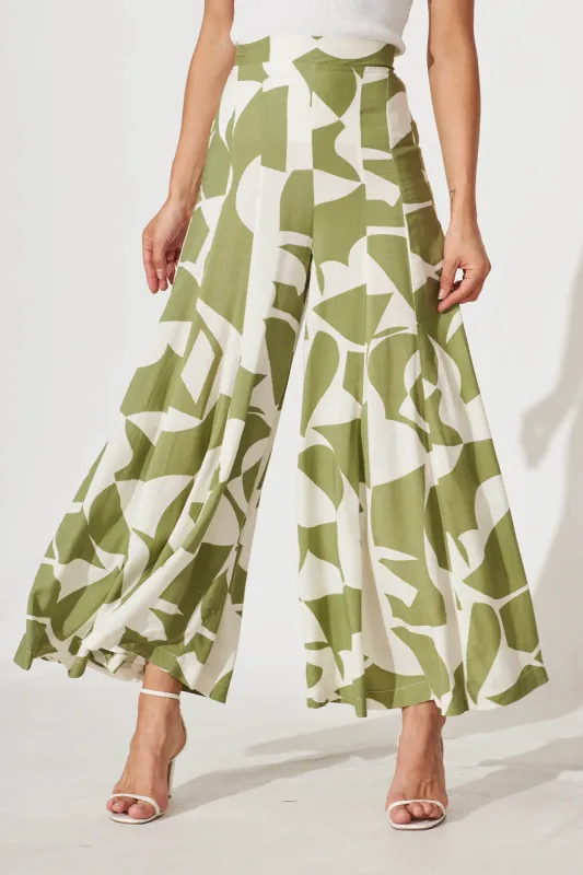 Effenty Pants In Olive And Cream Geometric Print sold by St Frock