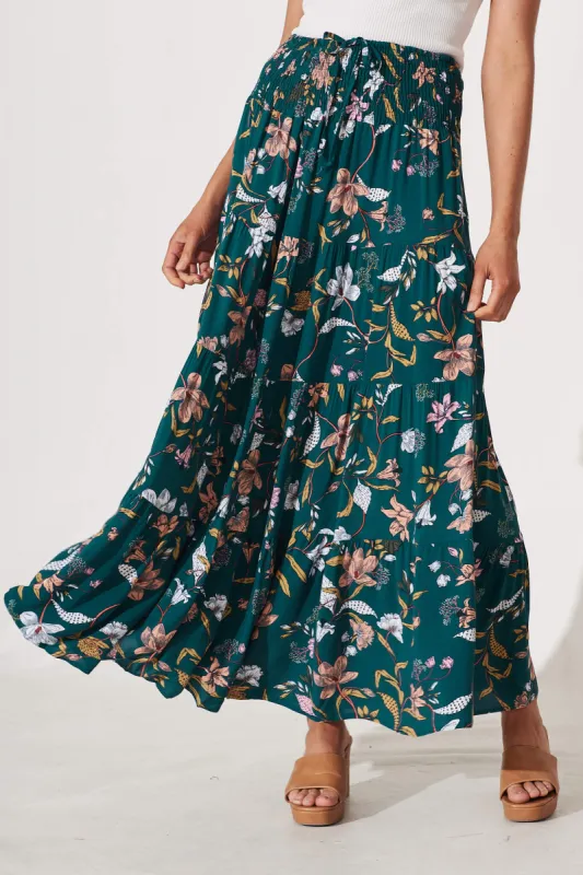 Turner Maxi Skirt In Emerald With Multi Floral Print sold by St Frock