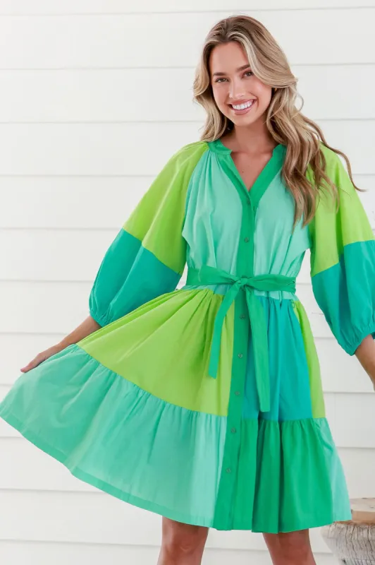 Ryleigh Smock Dress In Multi Green Colourblock Cotton sold by St Frock