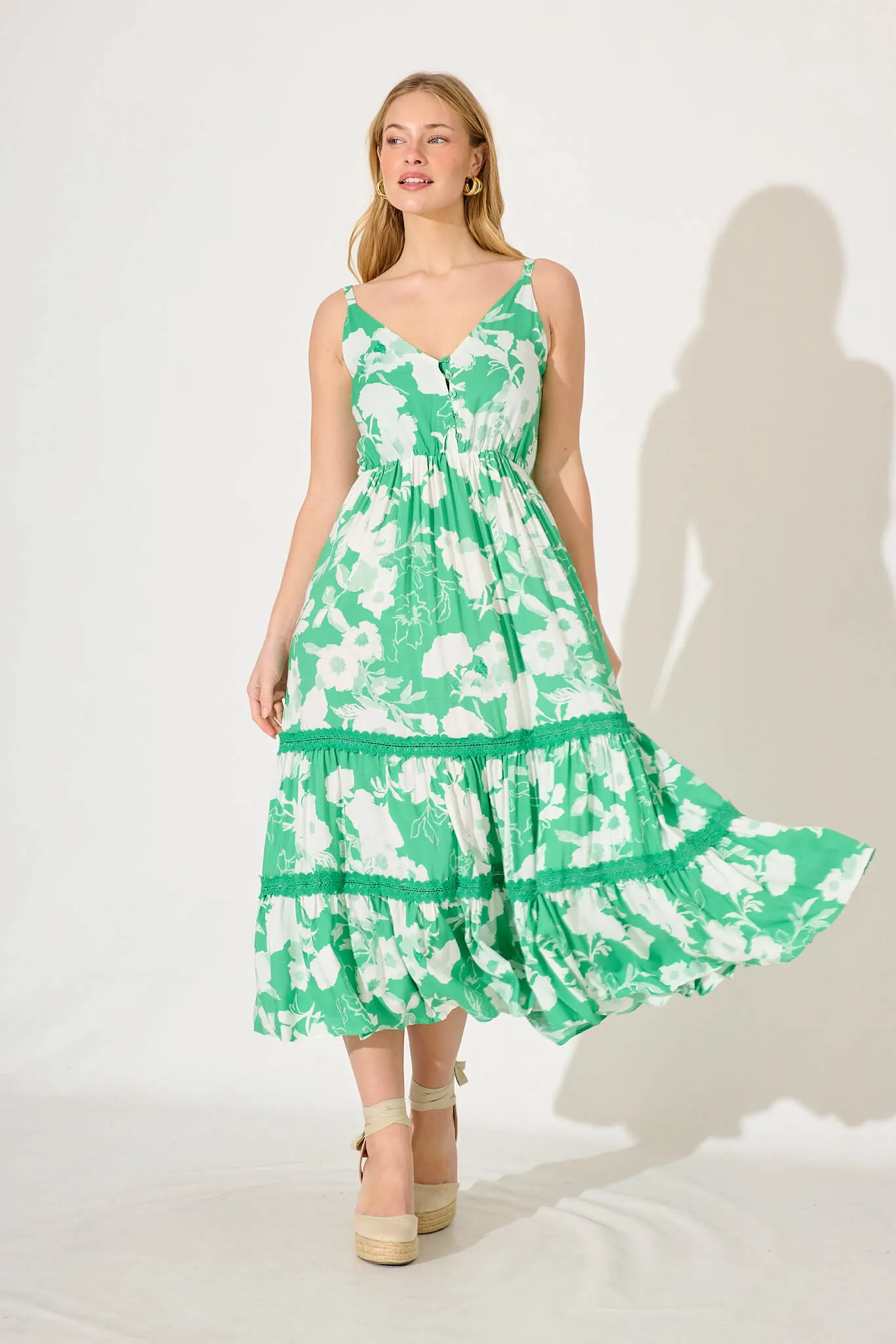 Nova Maxi Dress In Green With White Floral sold by St Frock