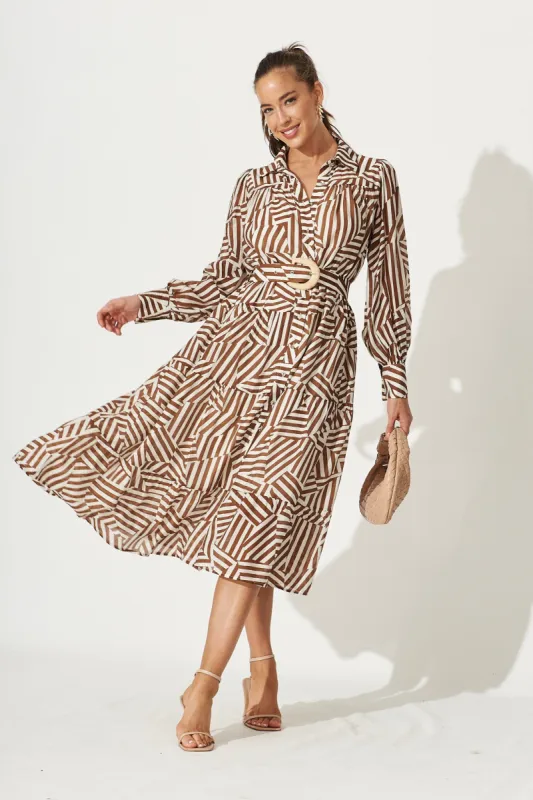 Clermont Midi Shirt Dress In Brown With Cream Print sold by St Frock