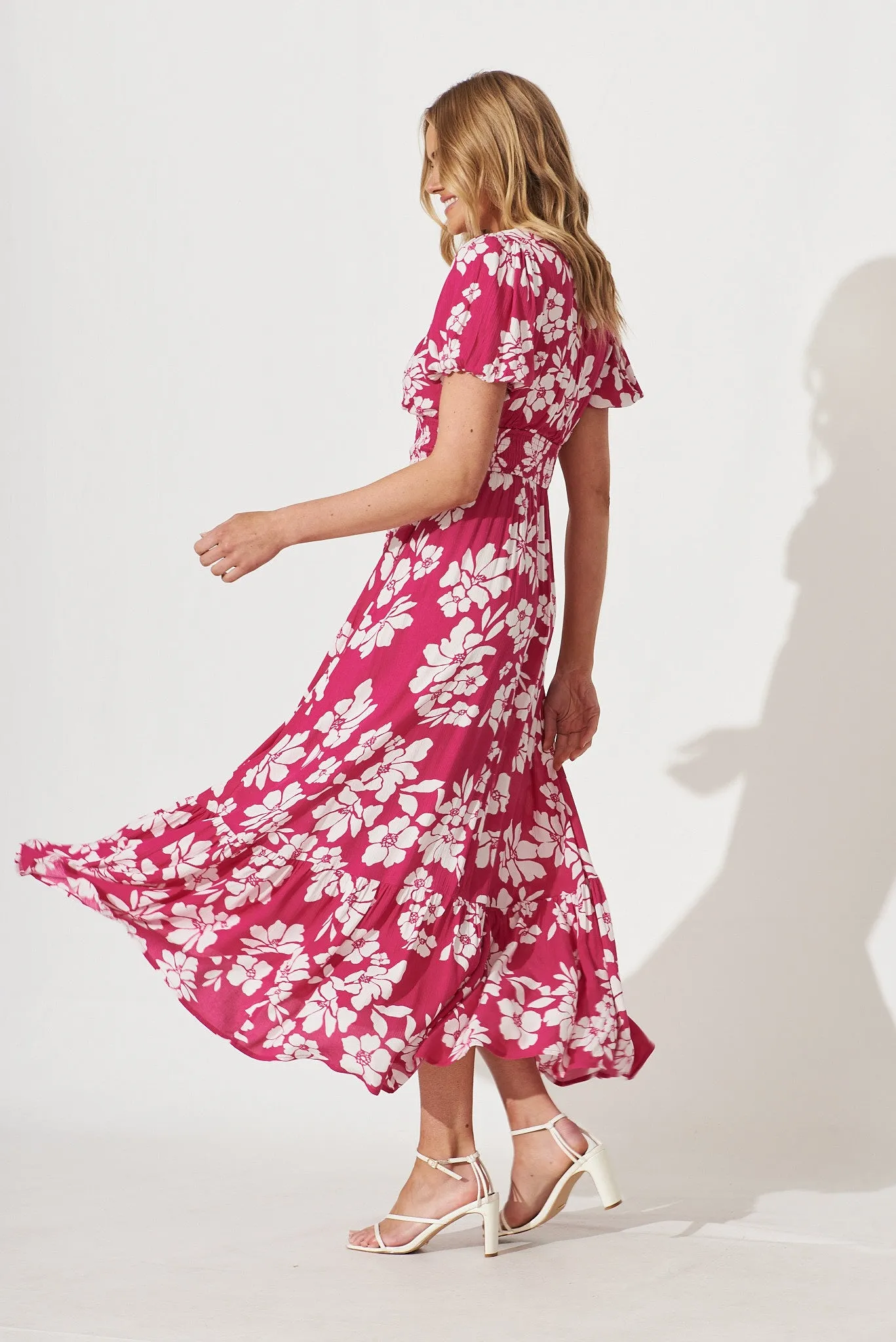 Rosella Maxi Dress In Hot Pink With White Floral Print Cotton sold by St Frock product image thumbnail 3