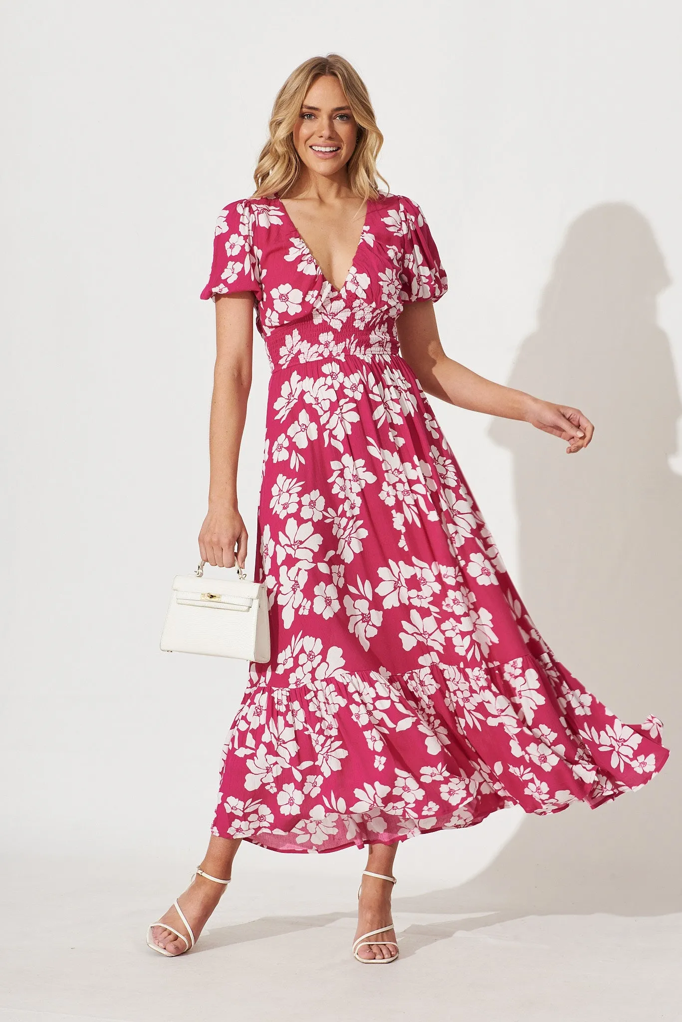 Rosella Maxi Dress In Hot Pink With White Floral Print Cotton sold by St Frock
