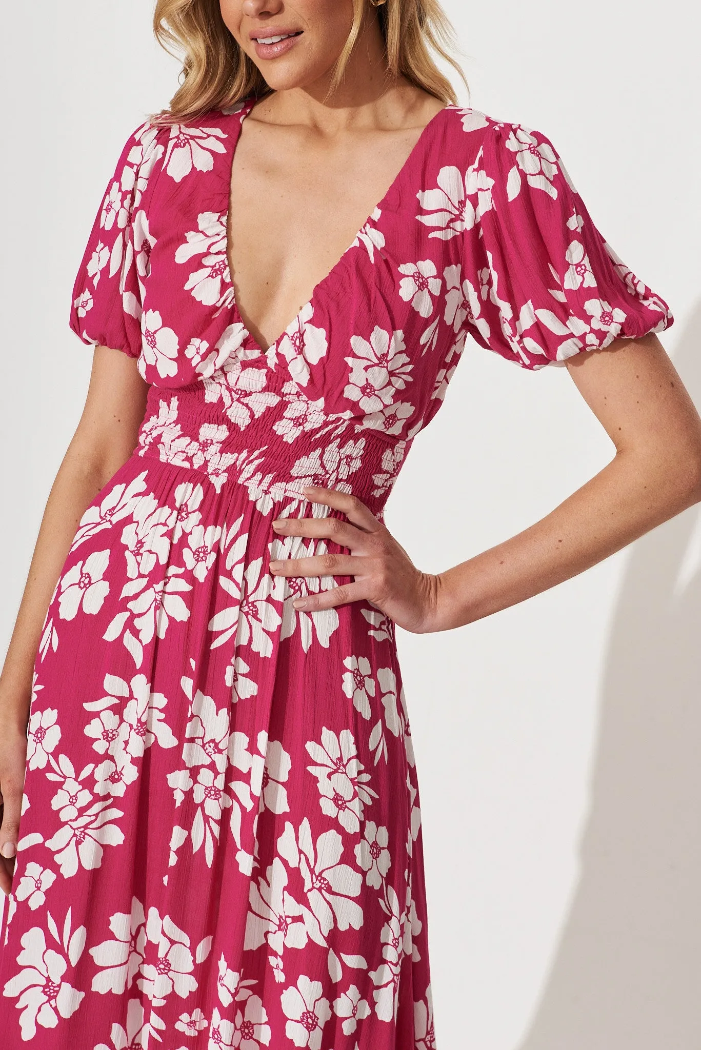 Rosella Maxi Dress In Hot Pink With White Floral Print Cotton sold by St Frock product image thumbnail 5