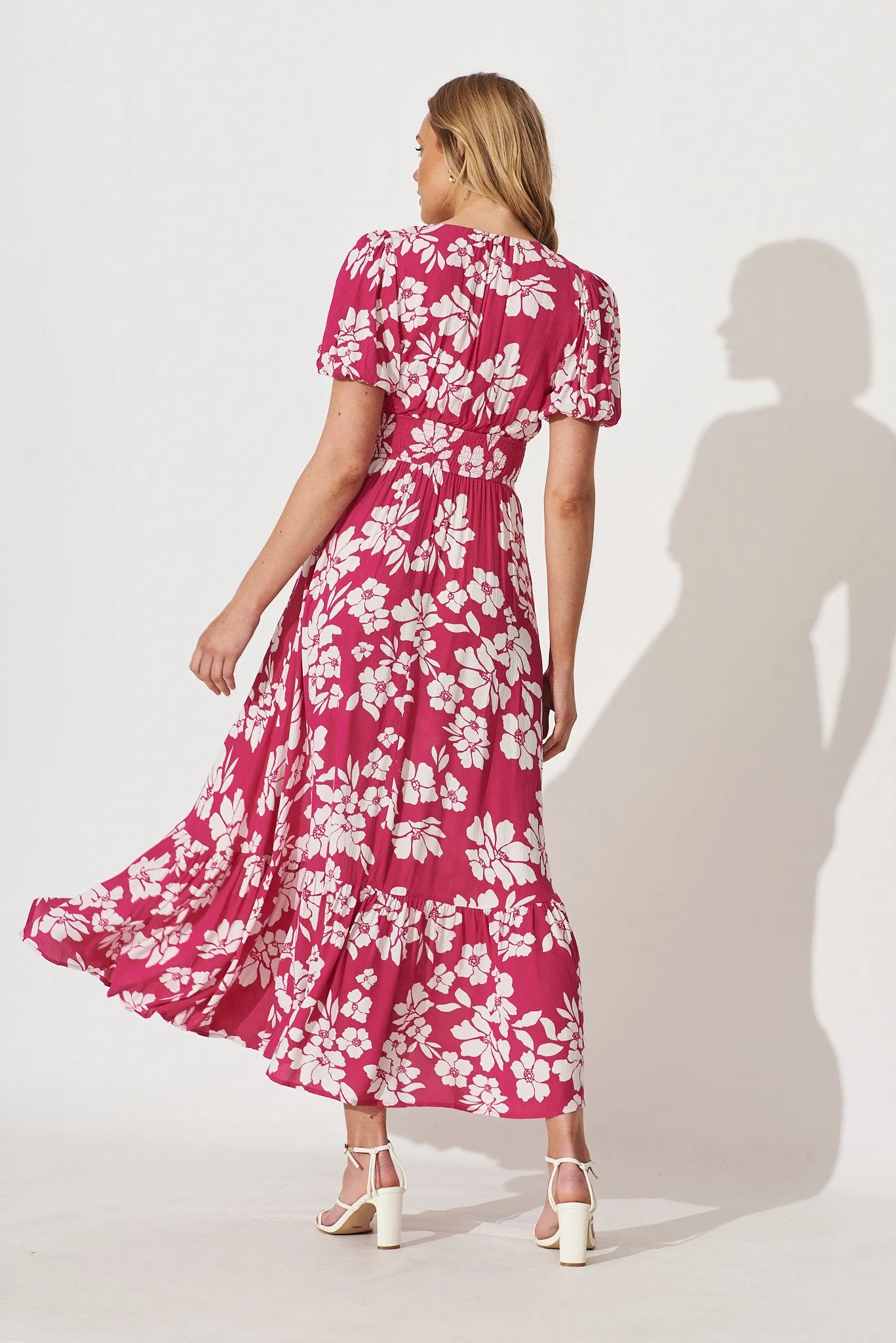Rosella Maxi Dress In Hot Pink With White Floral Print Cotton sold by St Frock product image thumbnail 4