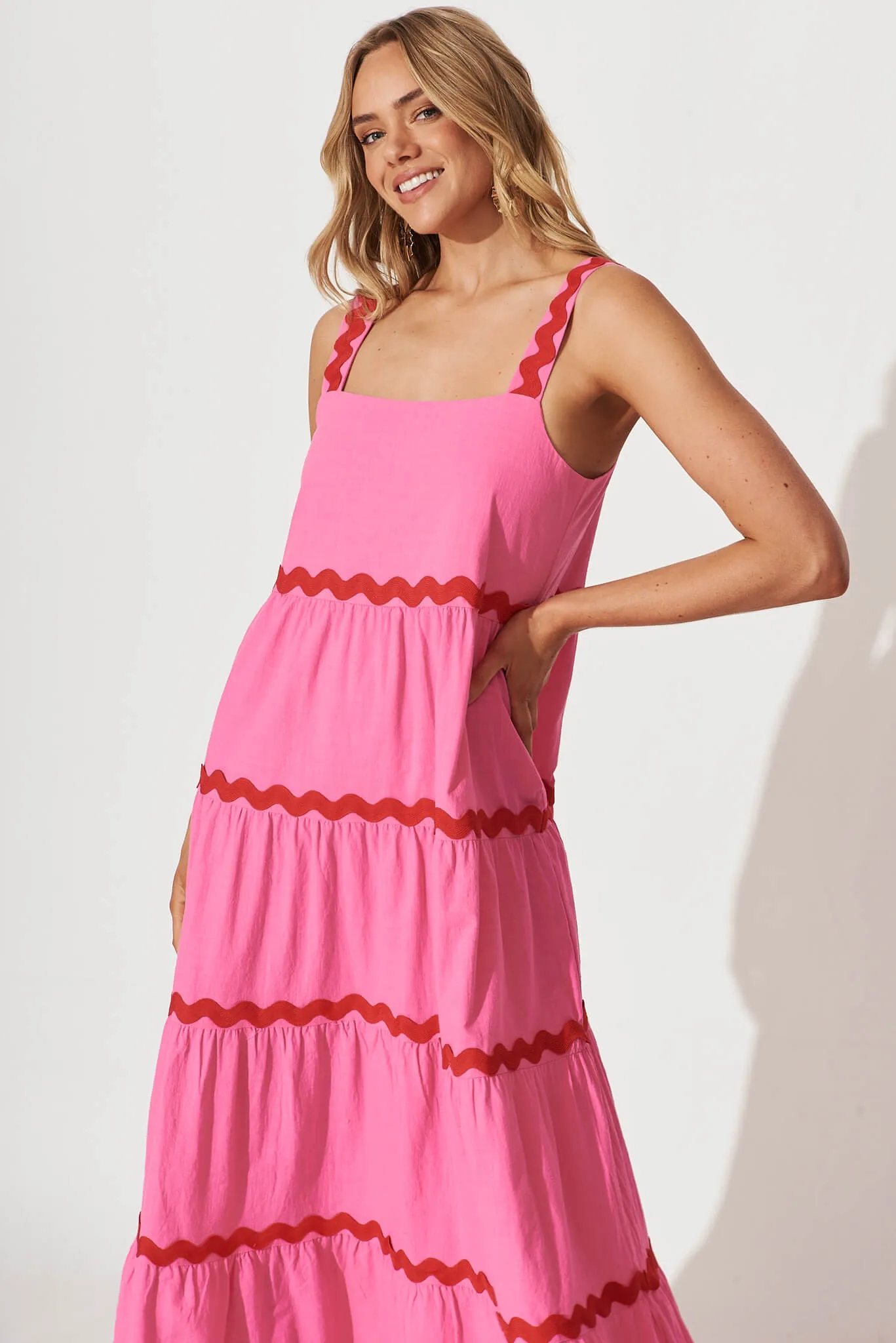 Chantal Maxi Dress In Pink With Red Ric Rac Trim Cotton sold by St Frock product image thumbnail 2