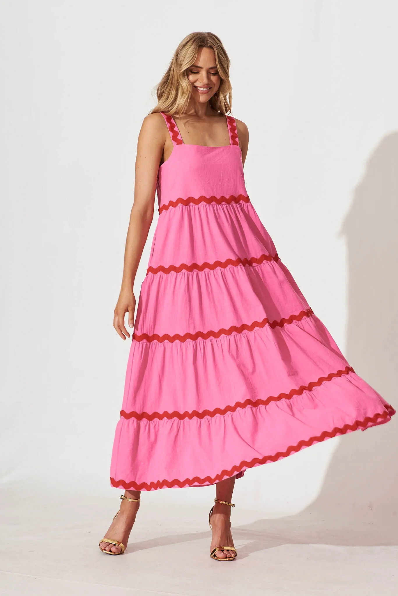 Chantal Maxi Dress In Pink With Red Ric Rac Trim Cotton sold by St Frock