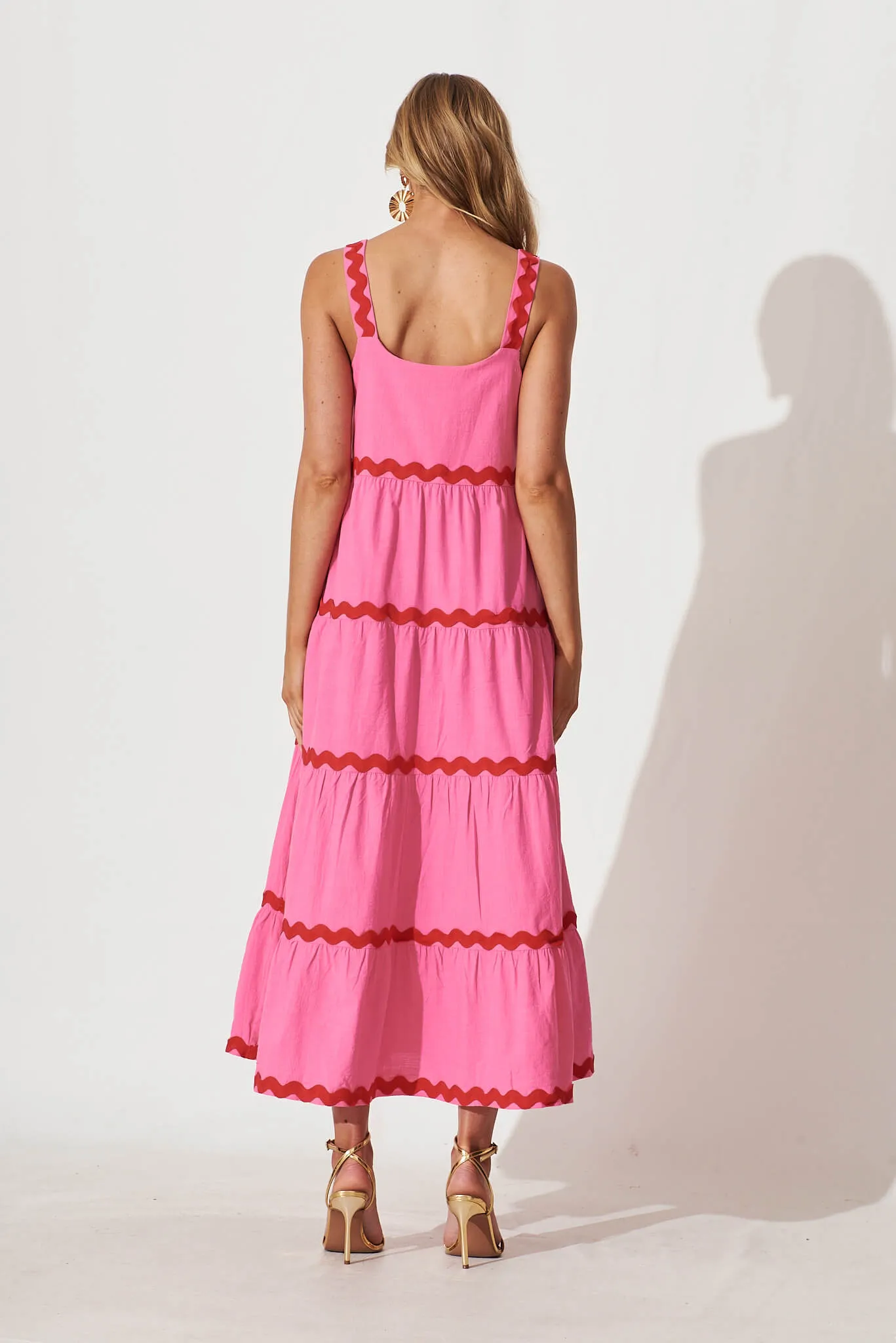Chantal Maxi Dress In Pink With Red Ric Rac Trim Cotton sold by St Frock product image thumbnail 4
