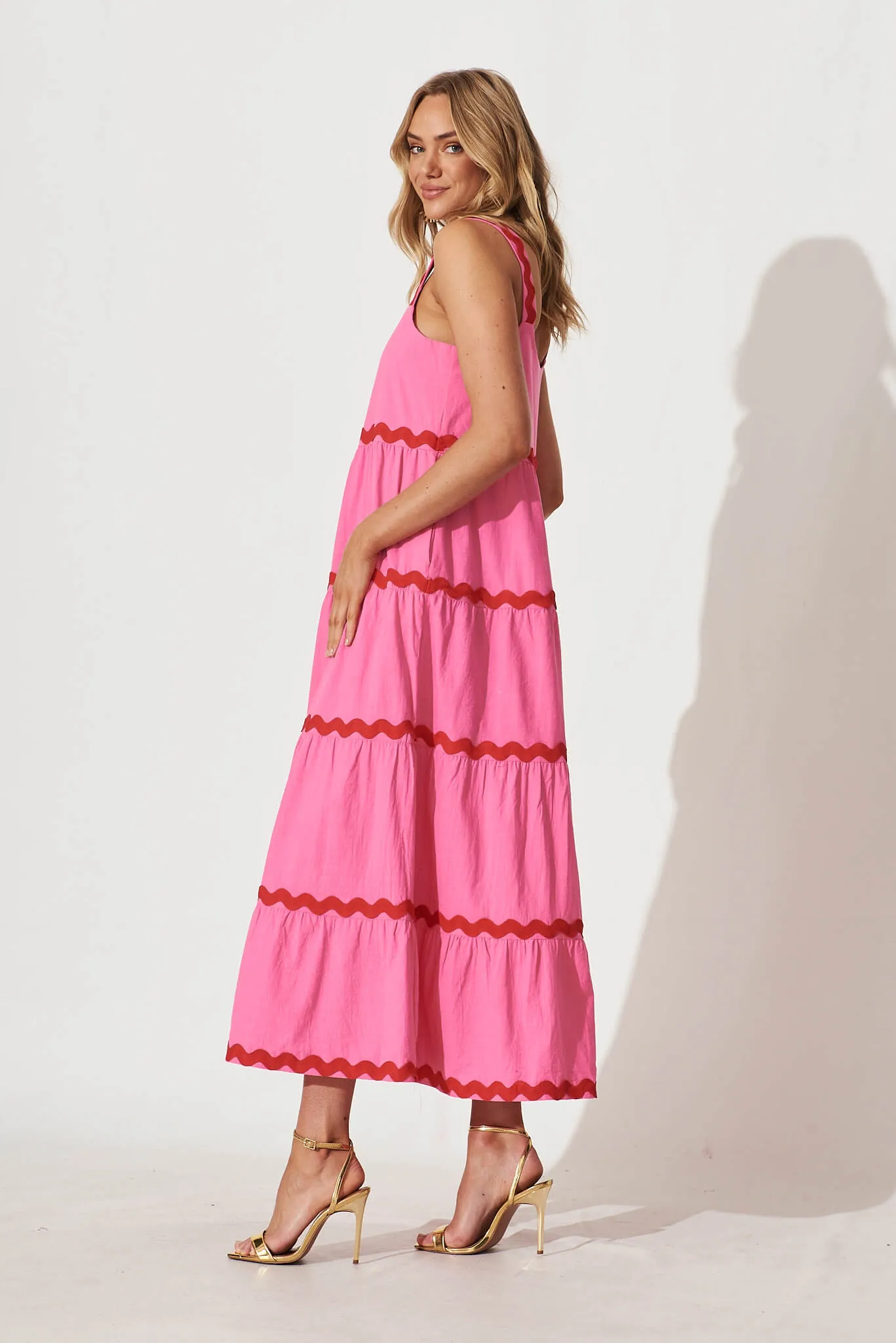 Chantal Maxi Dress In Pink With Red Ric Rac Trim Cotton sold by St Frock product image thumbnail 3