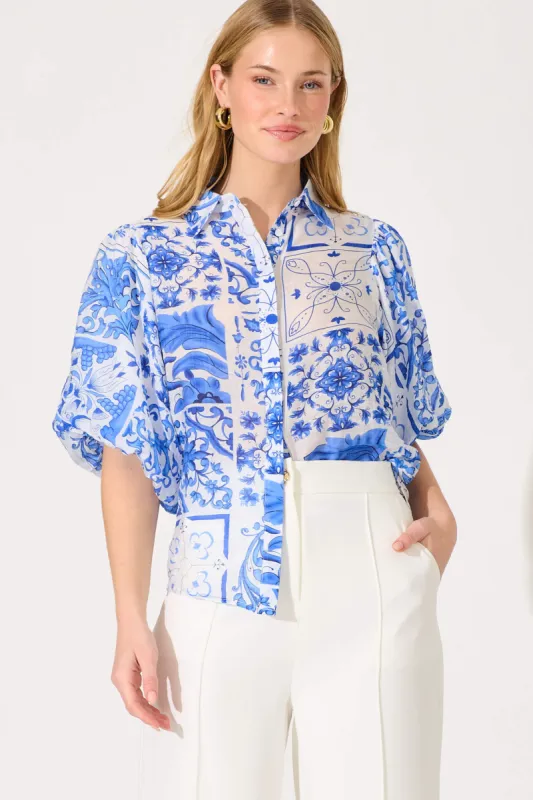 Gwinn Shirt In White With Blue Tile Print sold by St Frock