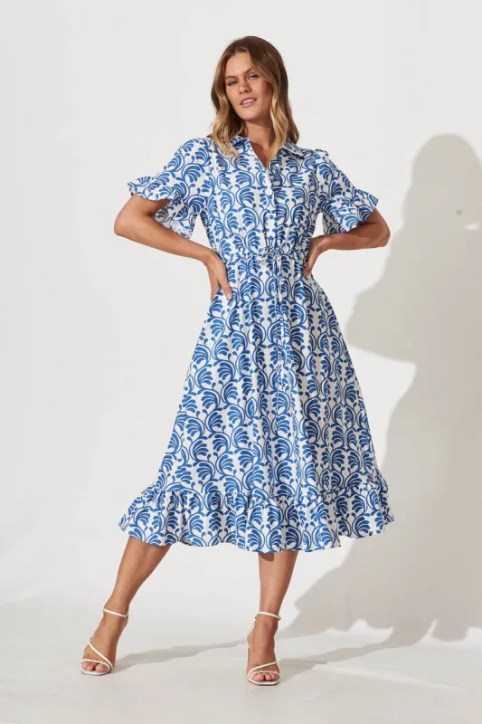 Aiken Midi Dress In Blue With White Print Cotton sold by St Frock