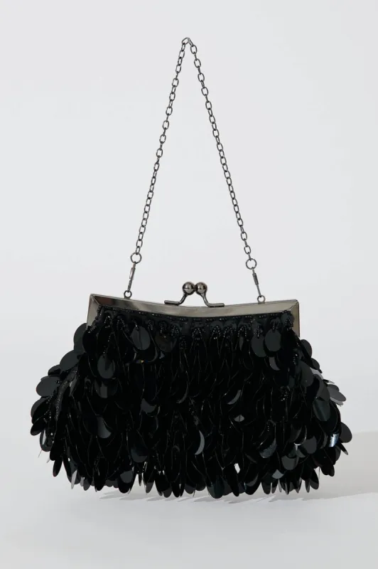 Leah Clutch Bag In Black Sequin sold by St Frock