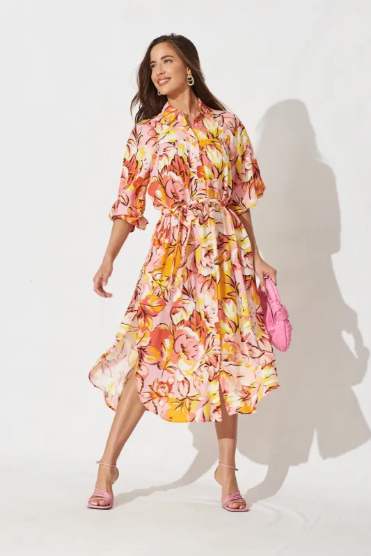 Honeywick Midi Dress In Pink With Orange And Yellow Floral sold by St Frock