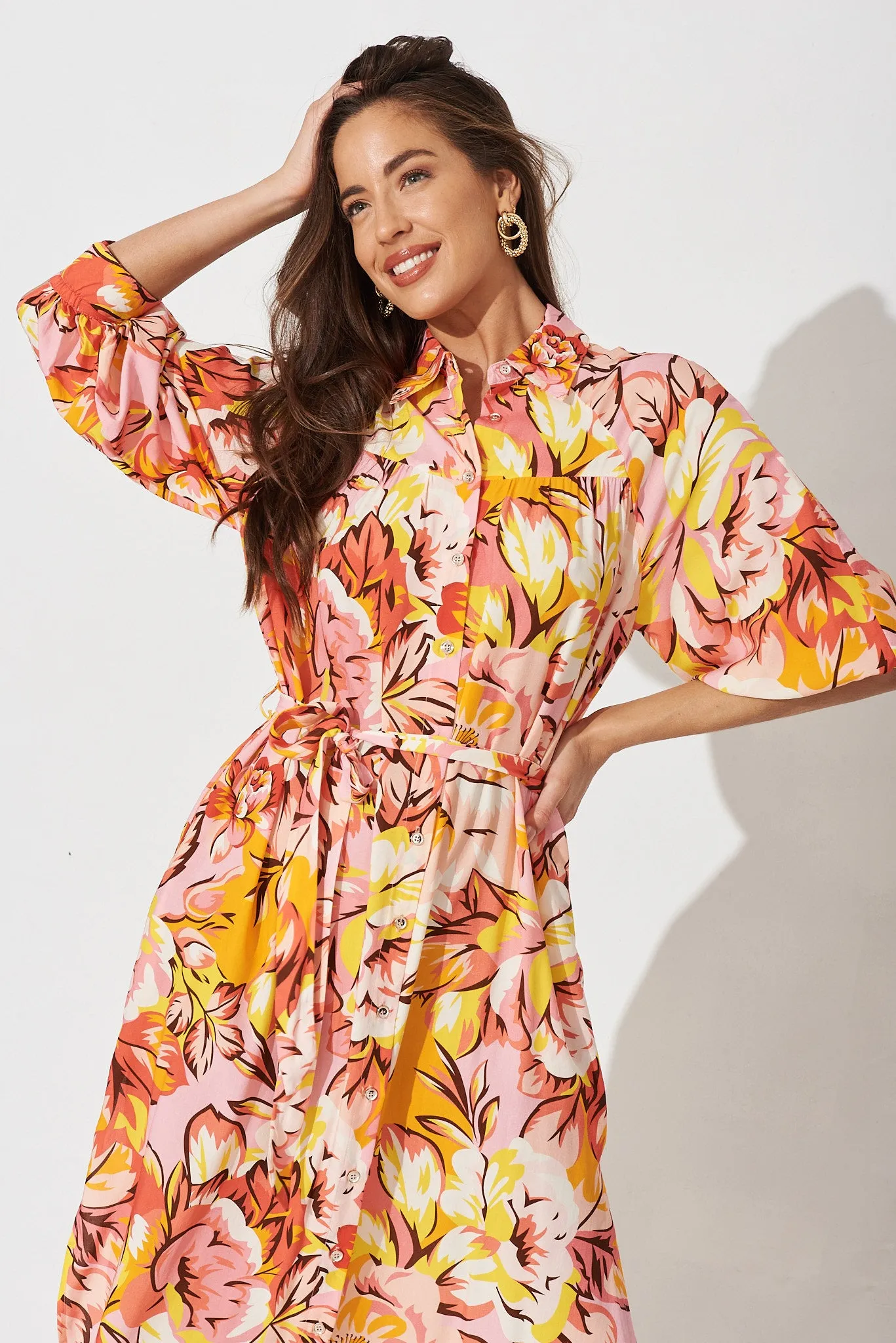 Honeywick Midi Dress In Pink With Orange And Yellow Floral sold by St Frock product image thumbnail 2