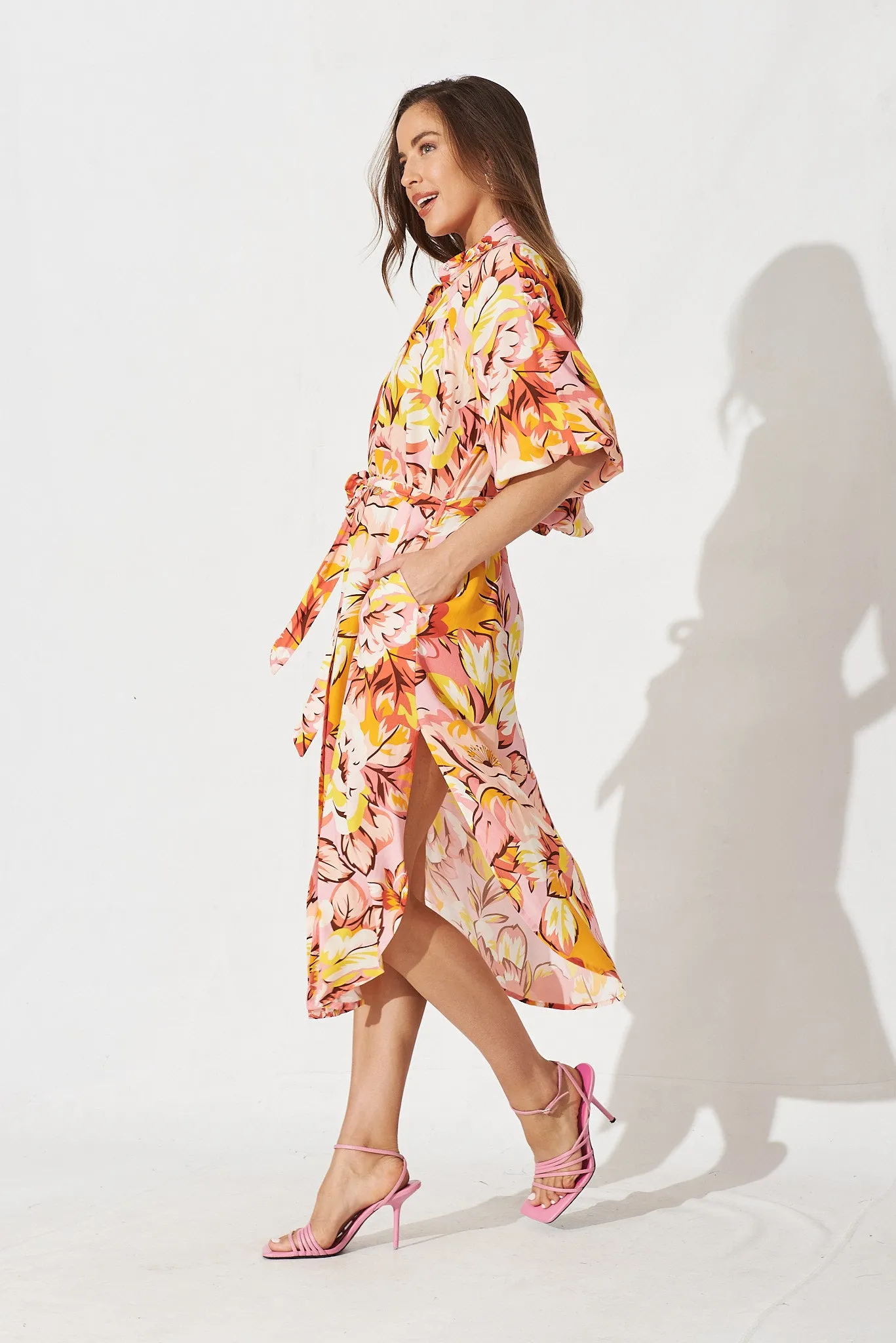 Honeywick Midi Dress In Pink With Orange And Yellow Floral sold by St Frock product image thumbnail 3