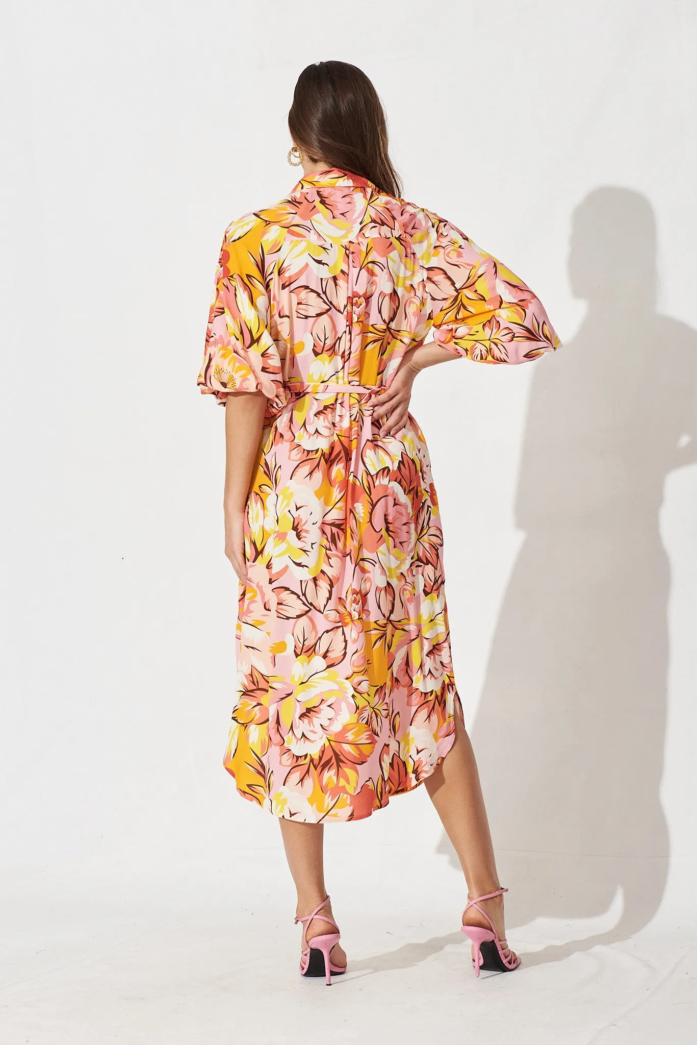 Honeywick Midi Dress In Pink With Orange And Yellow Floral sold by St Frock product image thumbnail 4