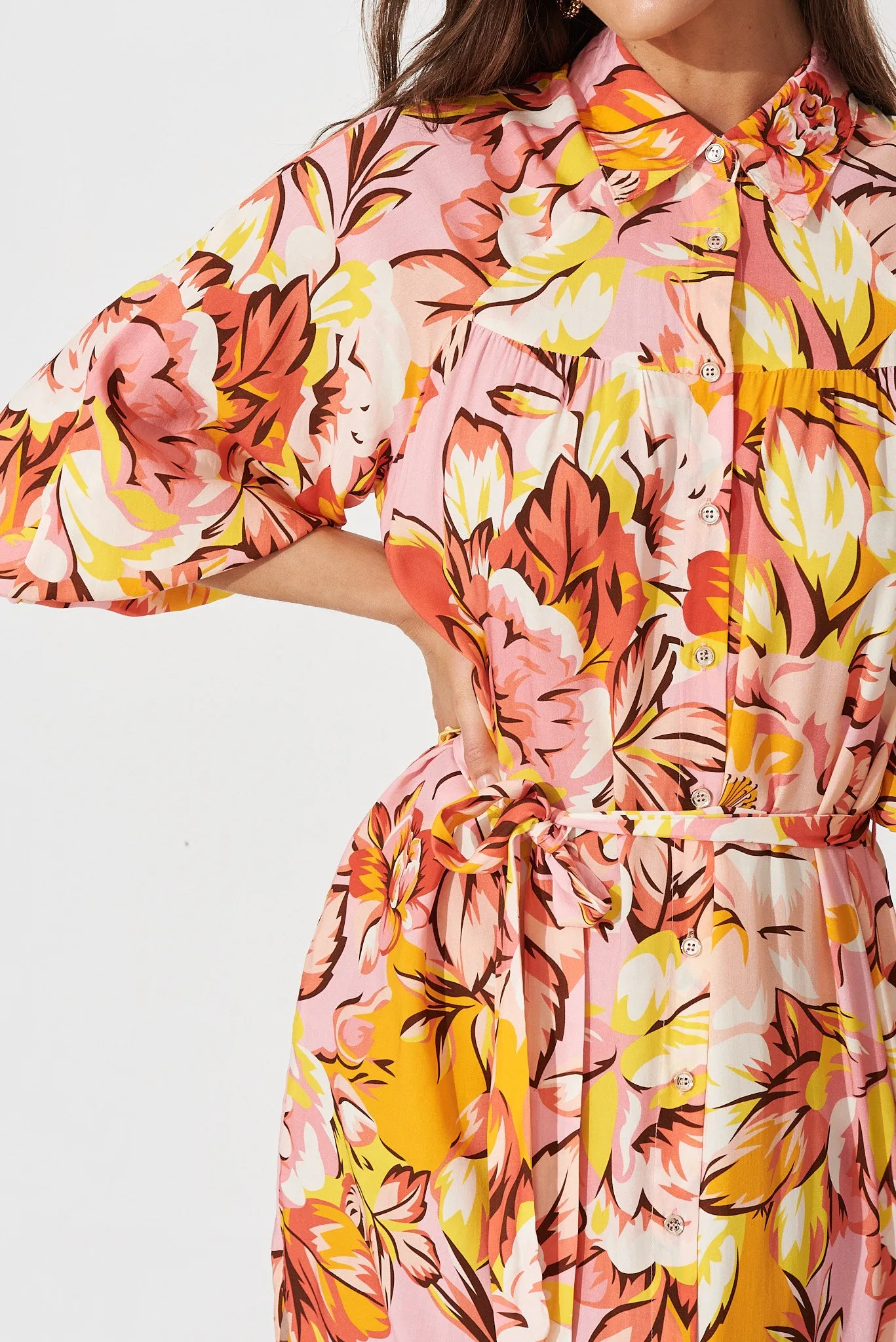 Honeywick Midi Dress In Pink With Orange And Yellow Floral sold by St Frock product image thumbnail 5