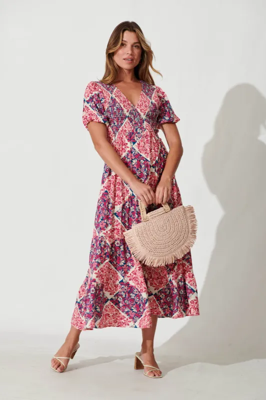 Kami Maxi Dress In Cream With Pink Patchwork Print sold by St Frock