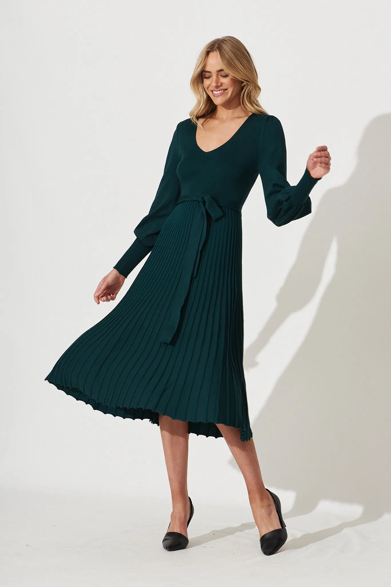 Albi Midi Knit Dress In Emerald Cotton Blend sold by St Frock