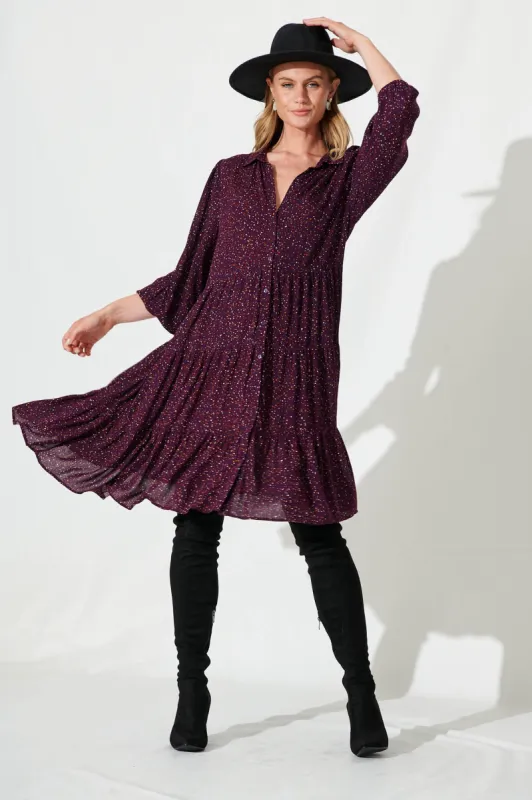 Glorietta Smock Dress In Plum Multi Speckle sold by St Frock
