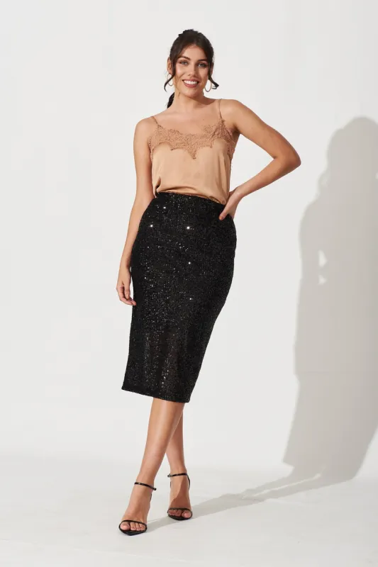 Astara Midi Skirt In Black Sequin sold by St Frock