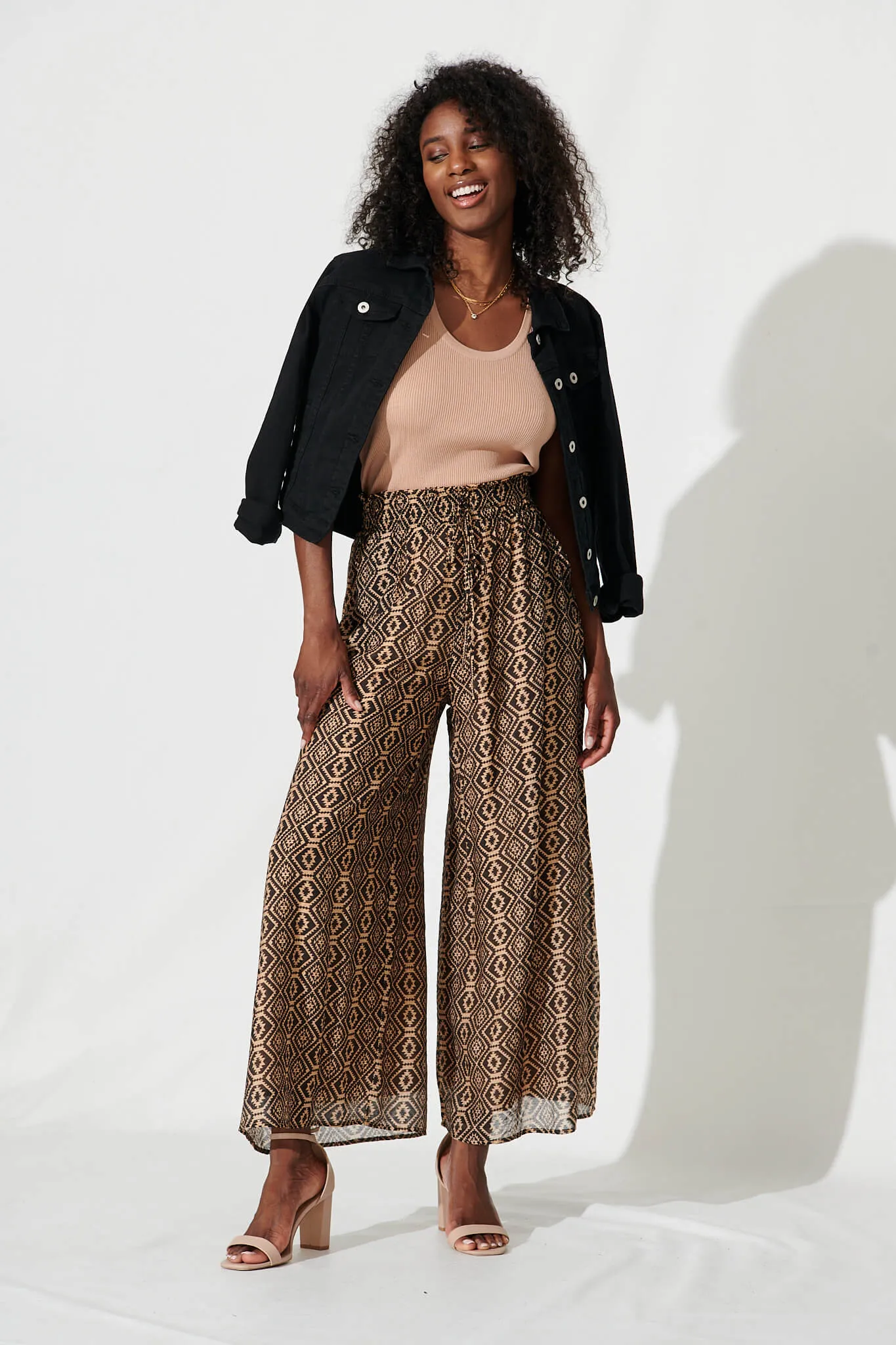 Goldie Wide Leg Pant In Black With Beige Print Cotton Blend sold by St Frock product image thumbnail 4