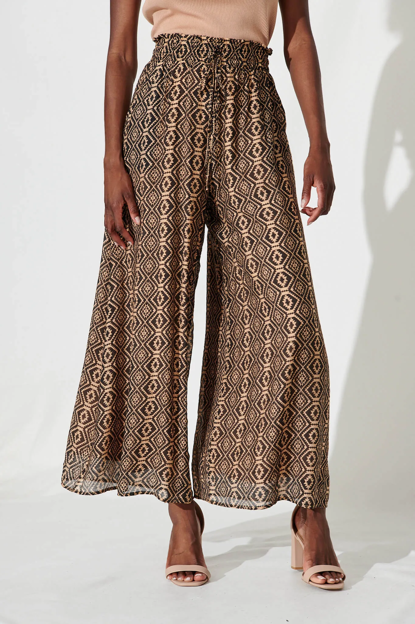 Goldie Wide Leg Pant In Black With Beige Print Cotton Blend sold by St Frock