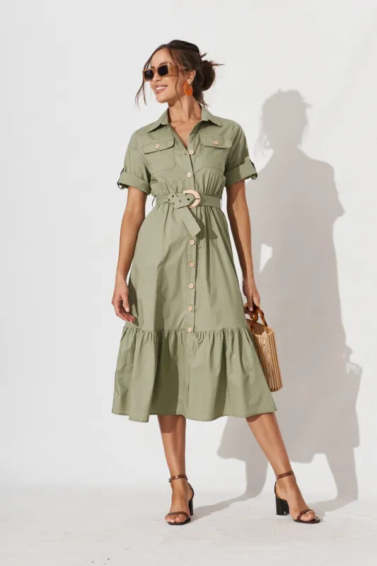 Cornella Midi Shirt Dress In Khaki Cotton sold by St Frock