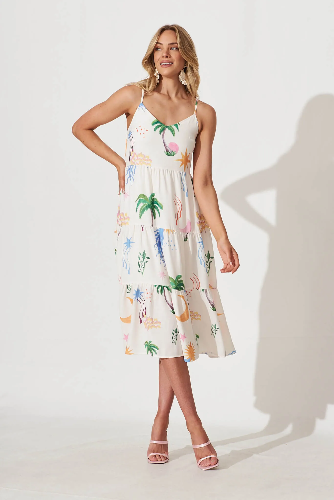 Utopia Midi Sundress In Palm Tree Multi Linen Blend sold by St Frock