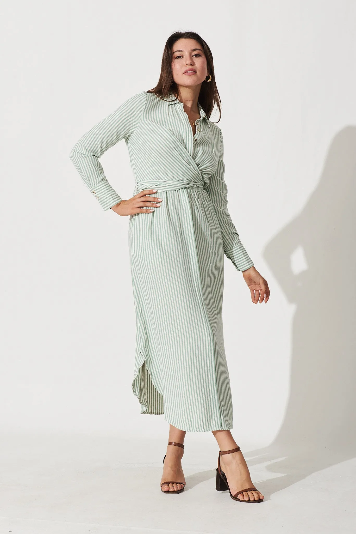 Harley Midi Dress In White With Green Stripe sold by St Frock