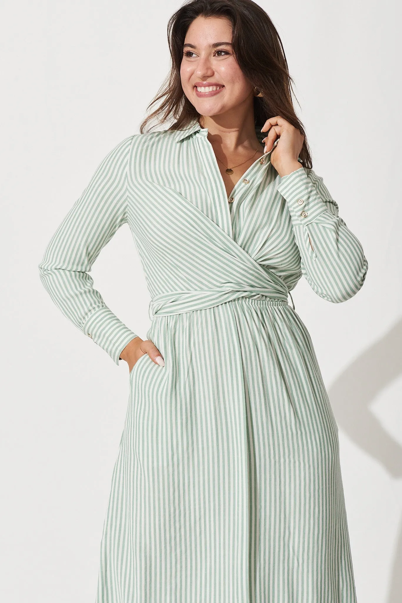 Harley Midi Dress In White With Green Stripe sold by St Frock product image thumbnail 2
