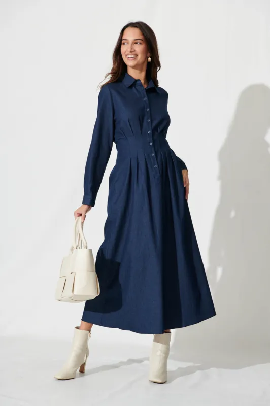 Aria Midi Dress In Dark Blue Denim sold by St Frock