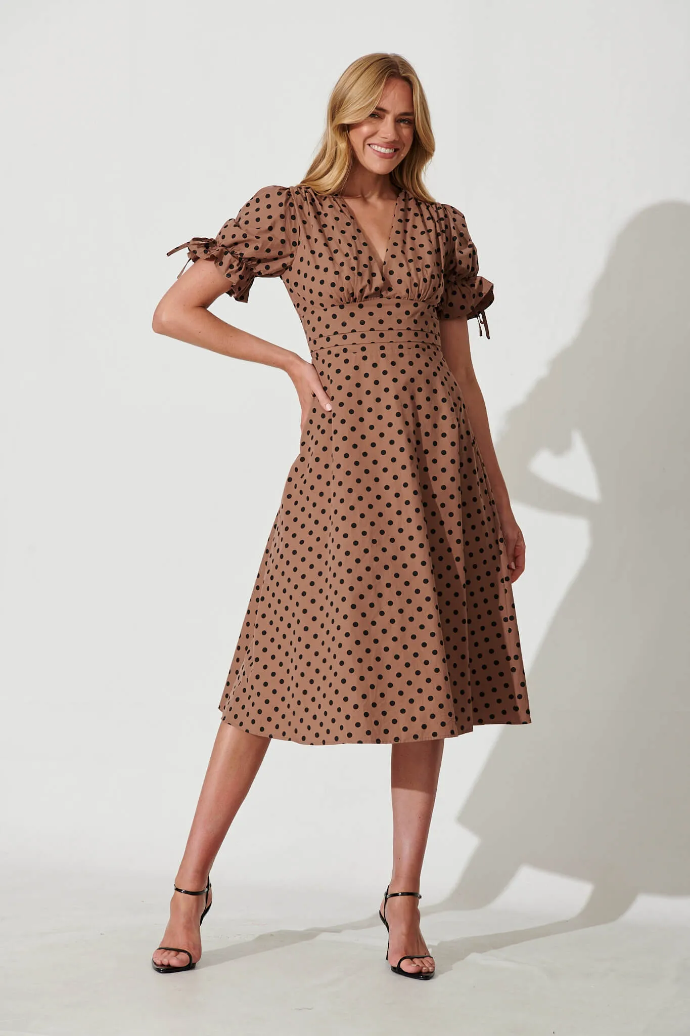 Sunrays Midi Dress In Chocolate With Black Spot Cotton sold by St Frock