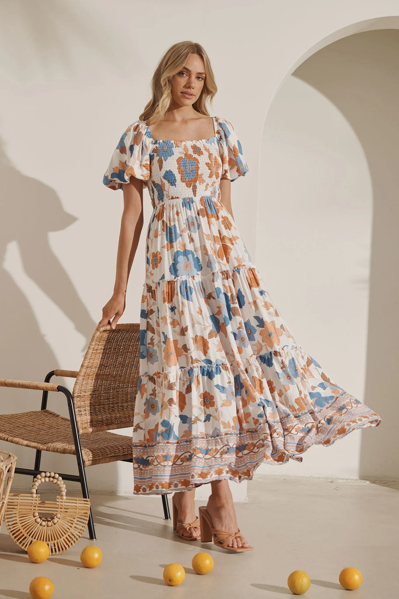 Sea Bay Maxi Dress In White With Rust Boho Floral sold by St Frock