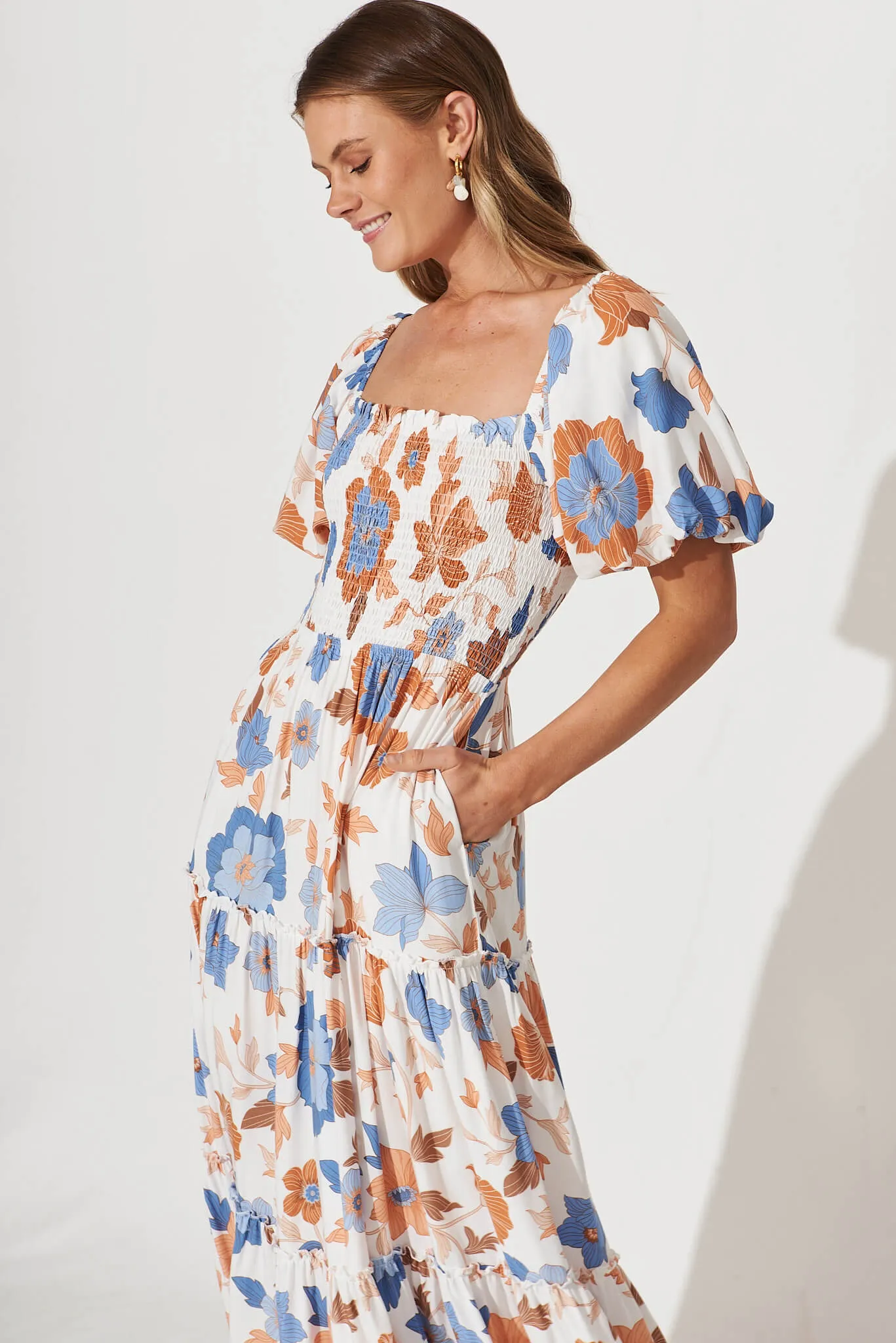 Sea Bay Maxi Dress In White With Rust Boho Floral sold by St Frock product image thumbnail 5